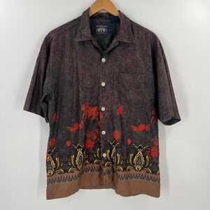 OTB Vintage Y2K Dragon Shirt Men's M Brown Red Flame Border Print Bowling Camp